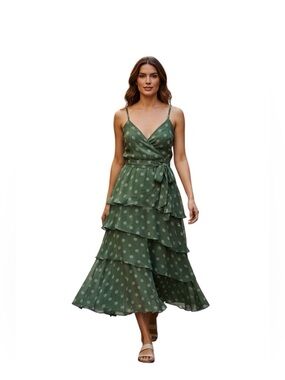 LC Lauren Conrad Tiered Georgette Midi Dress Green Dot Stripe size small